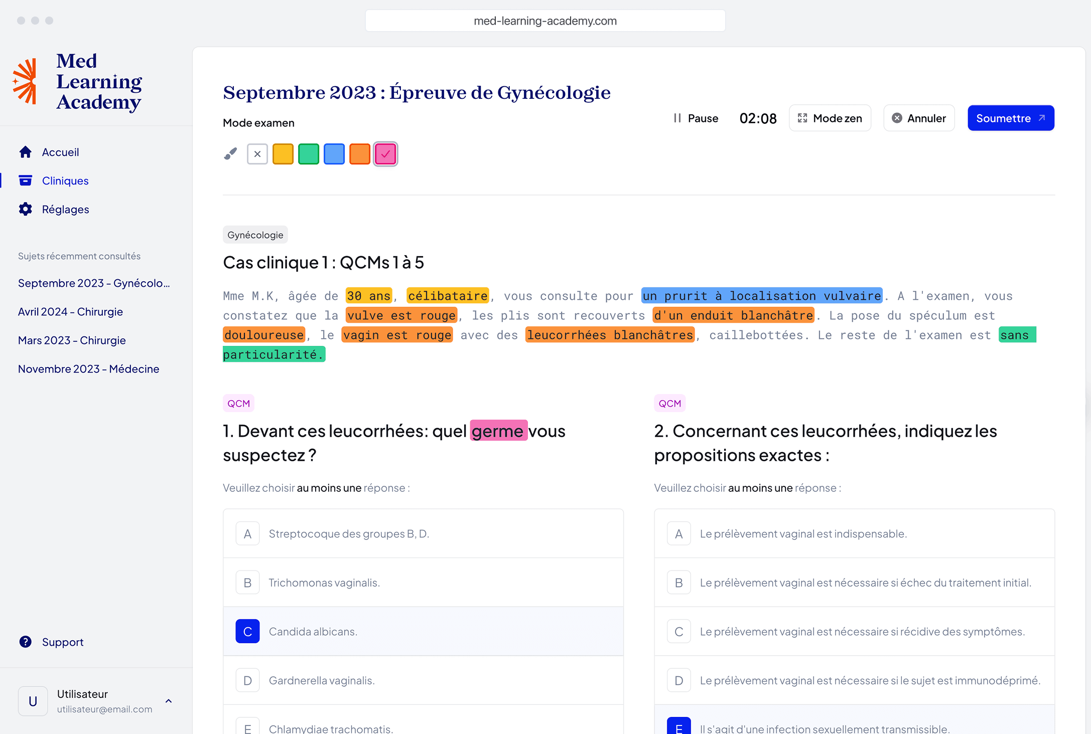 Screenshot of Cas Cliniques Interactifs feature